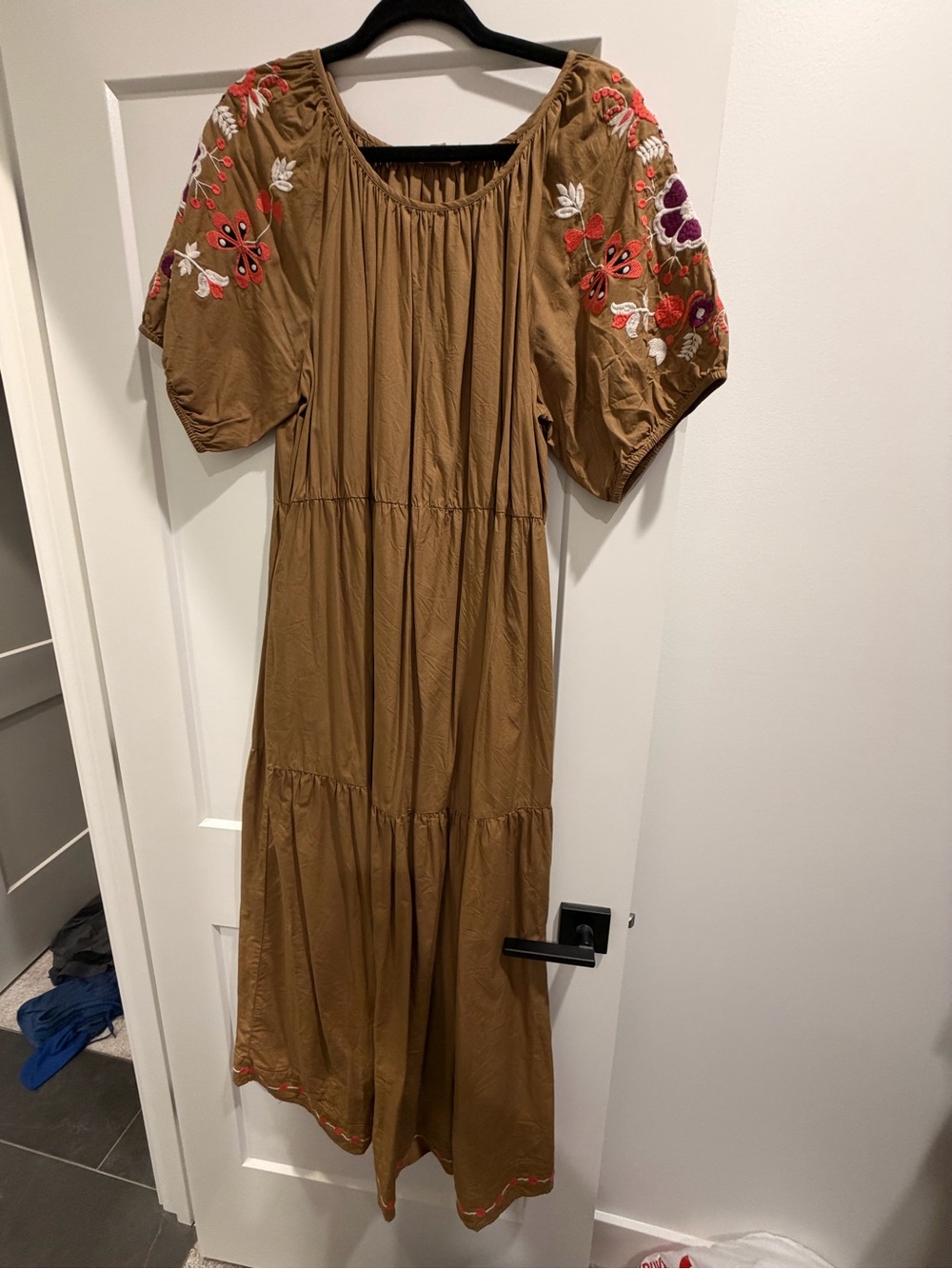 Anthropologie Brown Maxi Dress with Multicolor Floral Embroidery